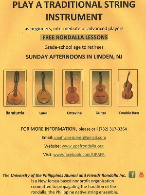 The UPAFR offers free regular rondalla lessons for all ages on Sunday afternoons in Central Jersey.